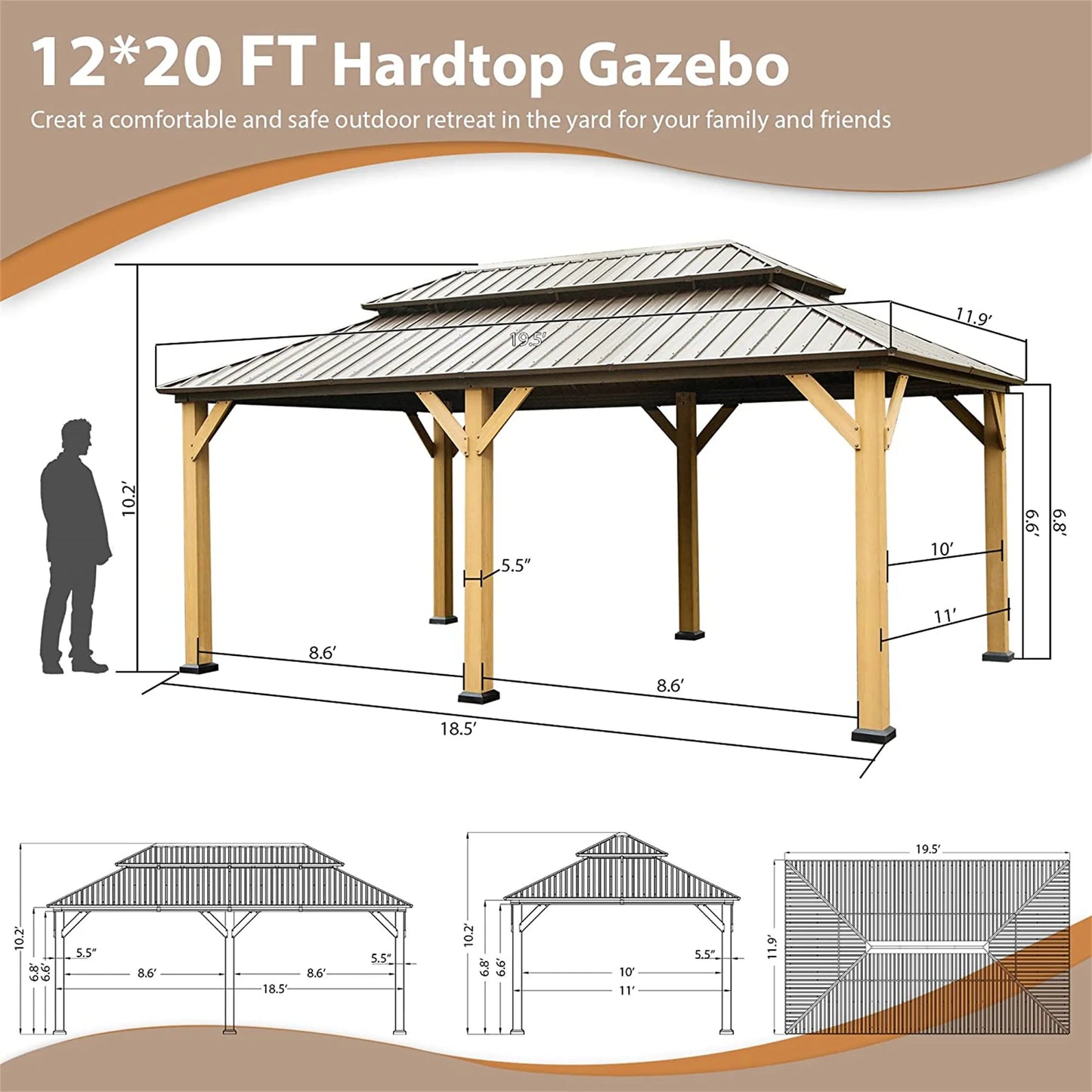 12X20 Ft Cedar Wood Gazebo Canopy with Roof, Curtains, and Netting