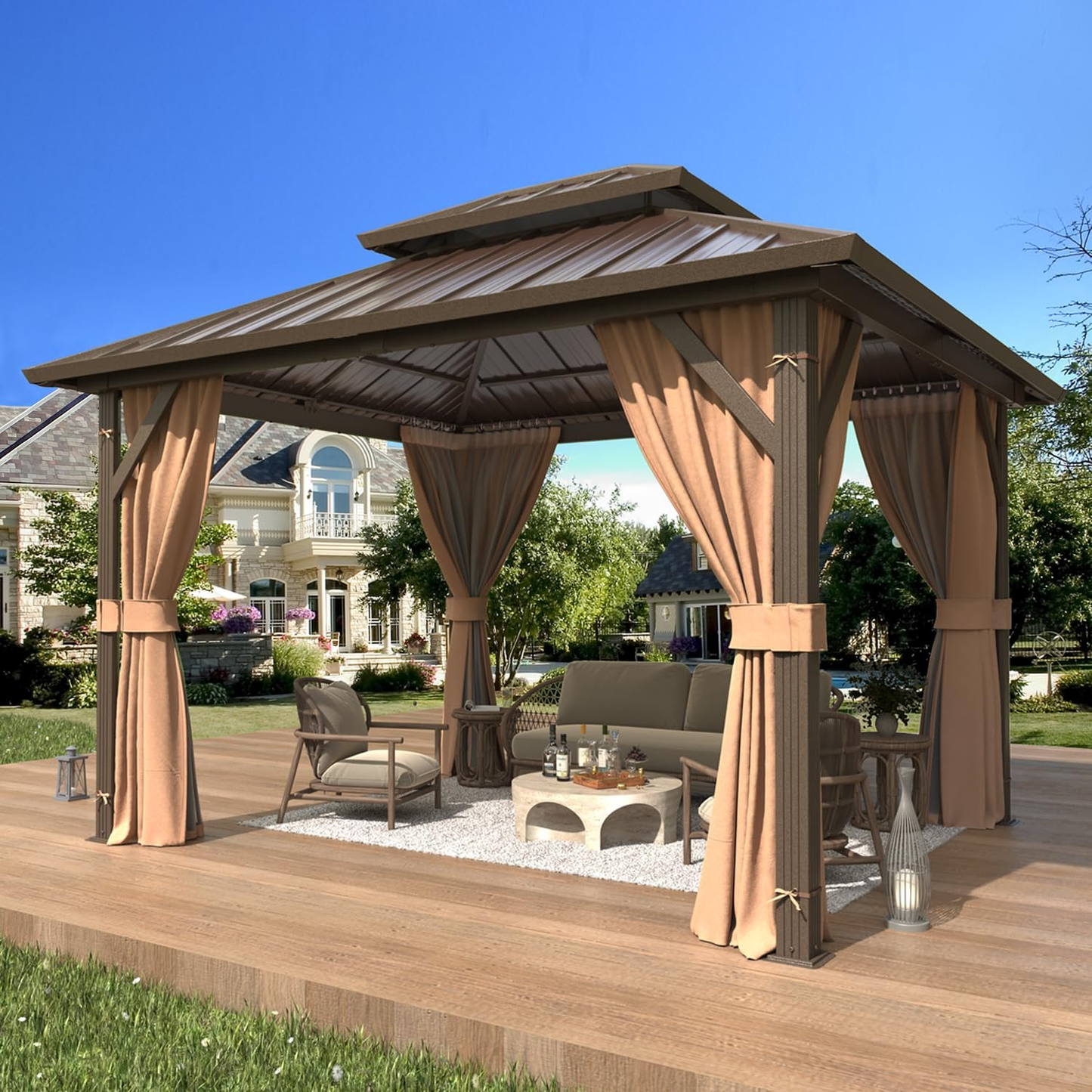 10' X 12' Hardtop Gazebo, Aluminum Frame Gazebos with Galvanized Steel Double Roof, Permanent Outdoor Metal Pavilion with Curtain and Netting for Patio, Lawn, Deck