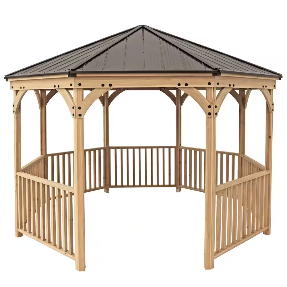 DIY Meridian 12 Ft. Octagon Enclosed Wood Outdoor Patio Gazebo with Brown Hardtop Metal Roof and 36 In. Guard Rail