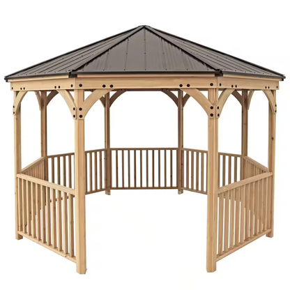 DIY Meridian 12 Ft. Octagon Enclosed Wood Outdoor Patio Gazebo with Brown Hardtop Metal Roof and 36 In. Guard Rail