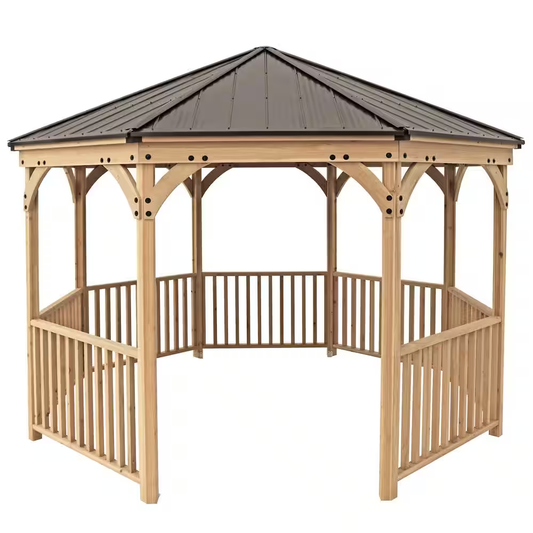 DIY Meridian 12 Ft. Octagon Enclosed Wood Outdoor Patio Gazebo with Brown Hardtop Metal Roof and 36 In. Guard Rail