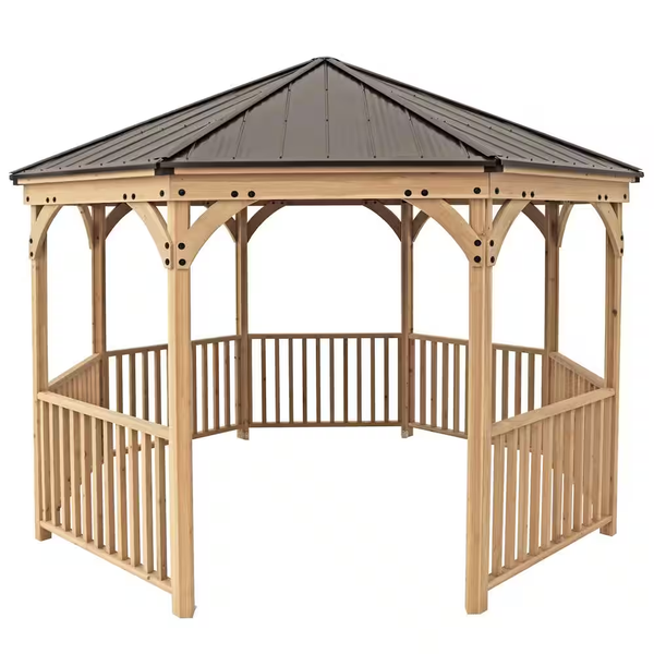 DIY Meridian 12 Ft. Octagon Enclosed Wood Outdoor Patio Gazebo with Brown Hardtop Metal Roof and 36 In. Guard Rail