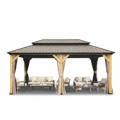 12X20 Ft Cedar Wood Gazebo Canopy with Roof, Curtains, and Netting