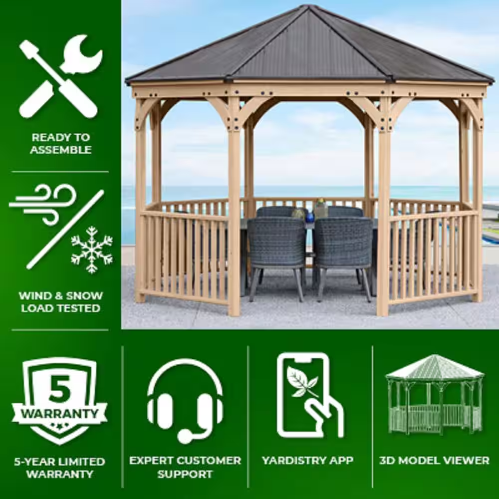 DIY Meridian 12 Ft. Octagon Enclosed Wood Outdoor Patio Gazebo with Brown Hardtop Metal Roof and 36 In. Guard Rail