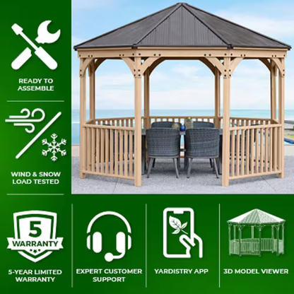 DIY Meridian 12 Ft. Octagon Enclosed Wood Outdoor Patio Gazebo with Brown Hardtop Metal Roof and 36 In. Guard Rail