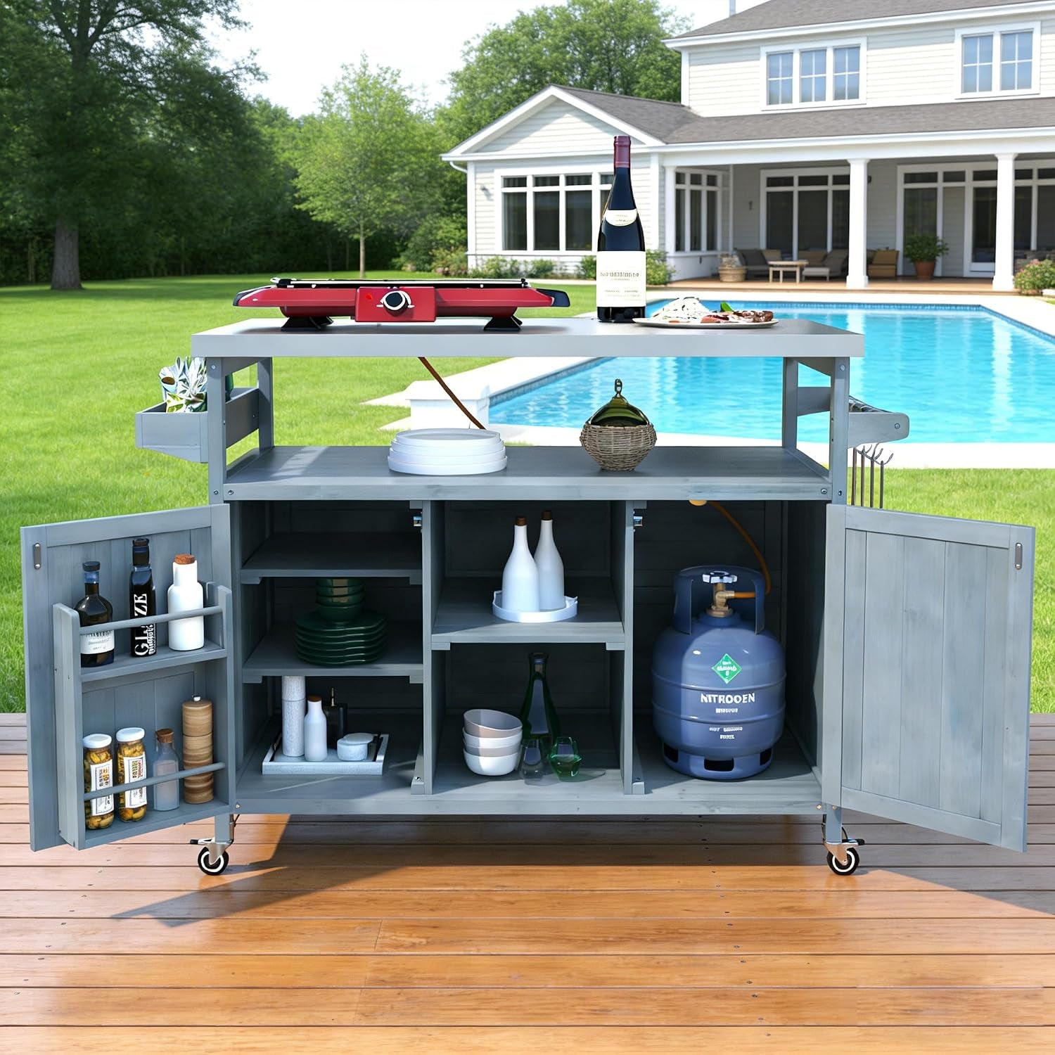 Outdoor Kitchen Island with Stainless Steel Top, Rolling Bar Cart & Storage Cabinet, Outdoor Grill Cart with Spice & Towel Rack, Rolling Island Table for Kitchen & BBQ, Grey Blue