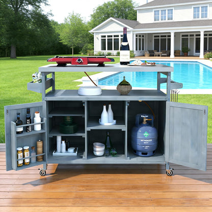 Outdoor Kitchen Island with Stainless Steel Top, Rolling Bar Cart & Storage Cabinet, Outdoor Grill Cart with Spice & Towel Rack, Rolling Island Table for Kitchen & BBQ, Grey Blue