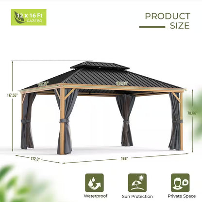 12 Ft. X 16 Ft. Double Roof Hardtop Wood Grain Aluminum Patio Gazebo with Netting and Gray Curtains