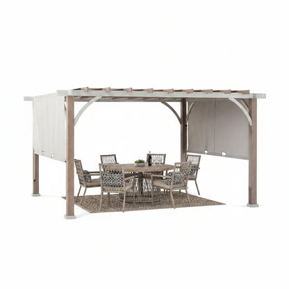 Sunjoy Outdoor Pergola 12 X 14 Ft. with Adjustable Sun Shade Canopy for Backyard and Garden Shade, Patio Modern White Steel Frame Grape Trellis Pergolas, Light Gray by