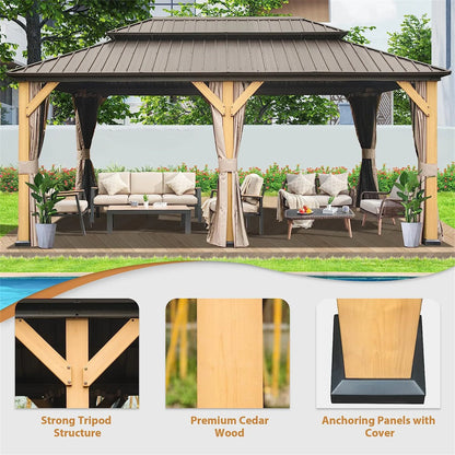 12X20 Ft Cedar Wood Gazebo Canopy with Roof, Curtains, and Netting