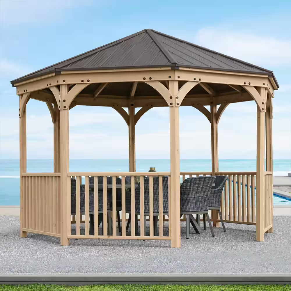 DIY Meridian 12 Ft. Octagon Enclosed Wood Outdoor Patio Gazebo with Brown Hardtop Metal Roof and 36 In. Guard Rail