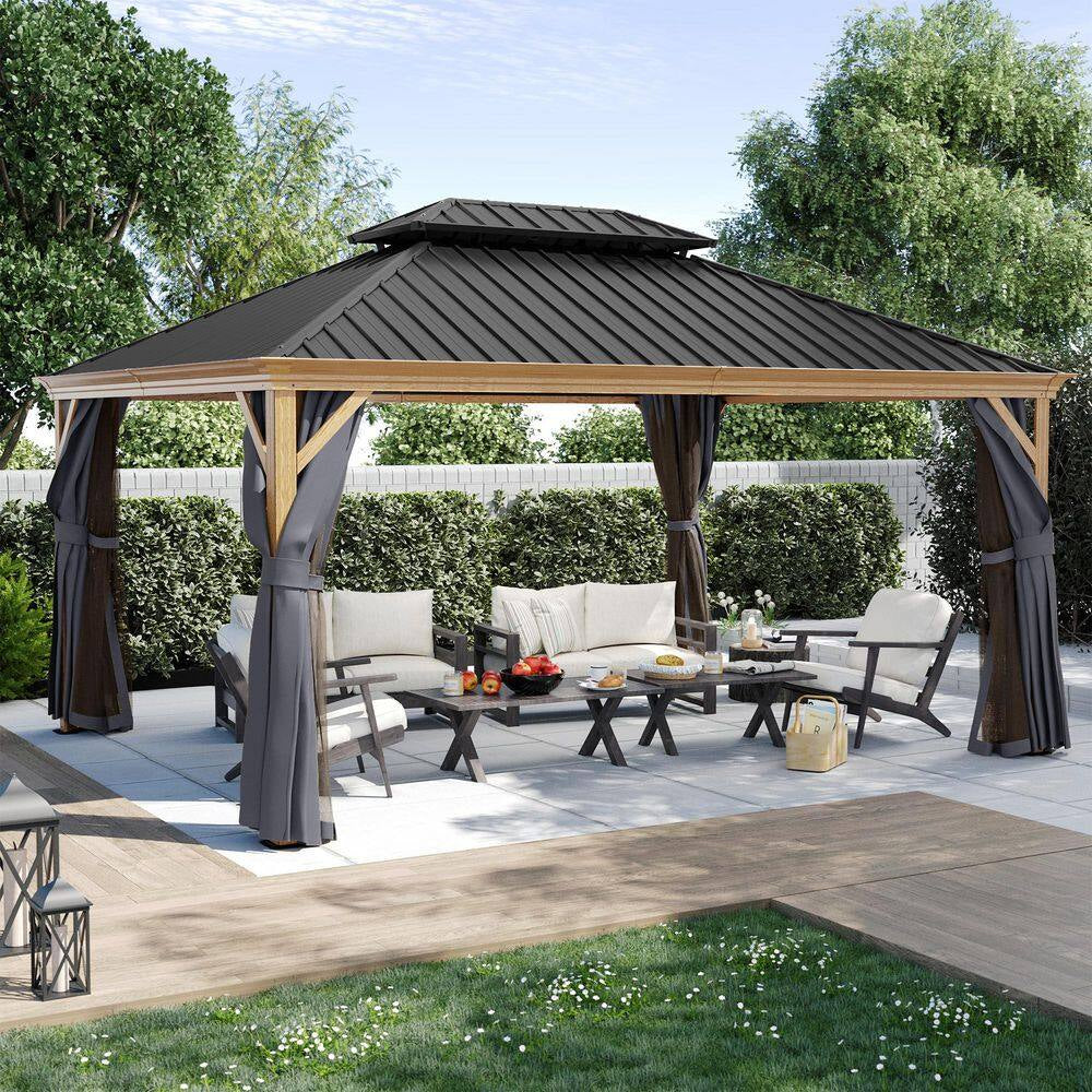 12 Ft. X 16 Ft. Double Roof Hardtop Wood Grain Aluminum Patio Gazebo with Netting and Gray Curtains
