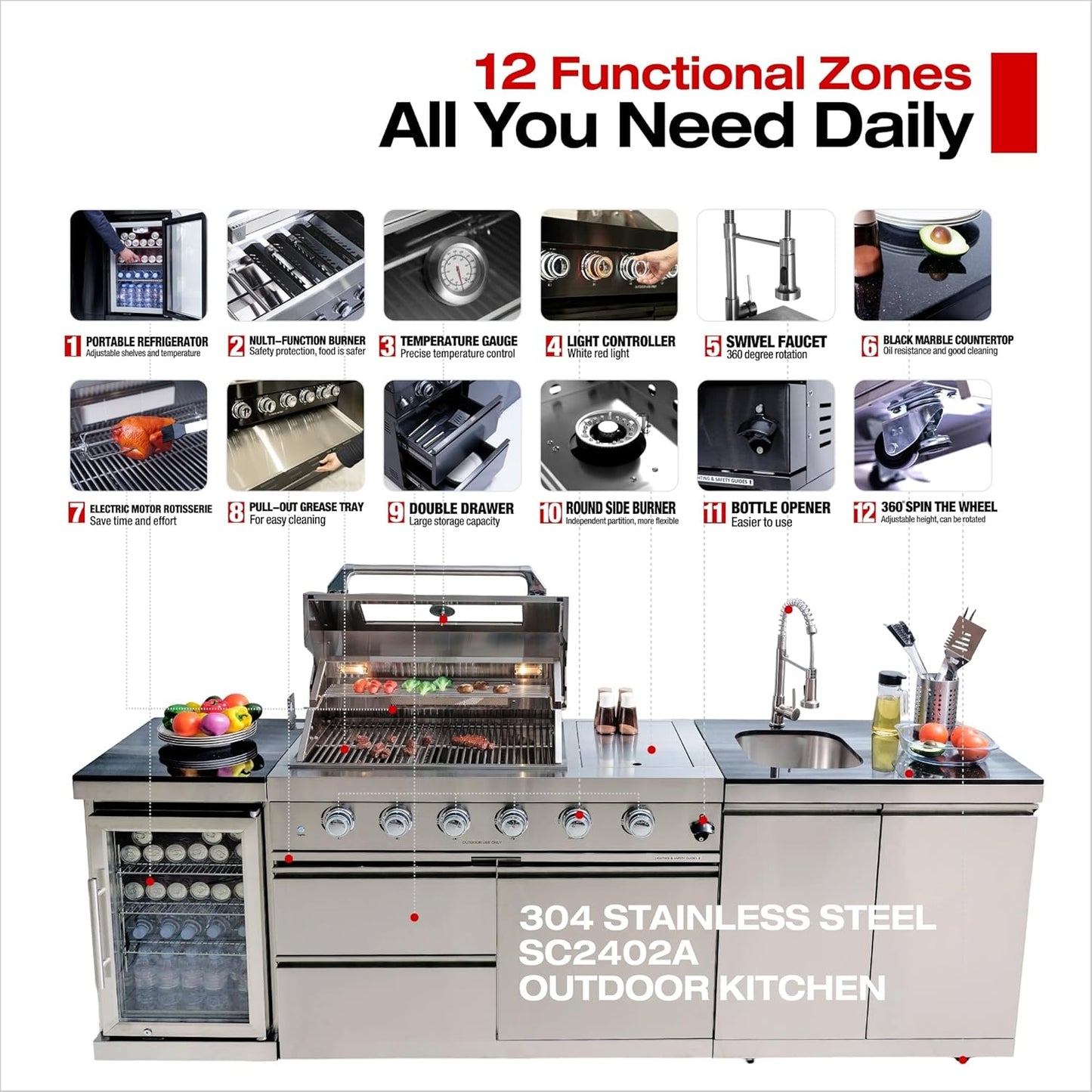 BBQ Island Outdoor Kitchen Kits, 4-Burner 72000 BTU Stainless Steel Modular 98 Inch Natural Gas Outdoor Kitchen Bar Barbecue Island Grill with Refrigerator and Sink for Patio Backyard