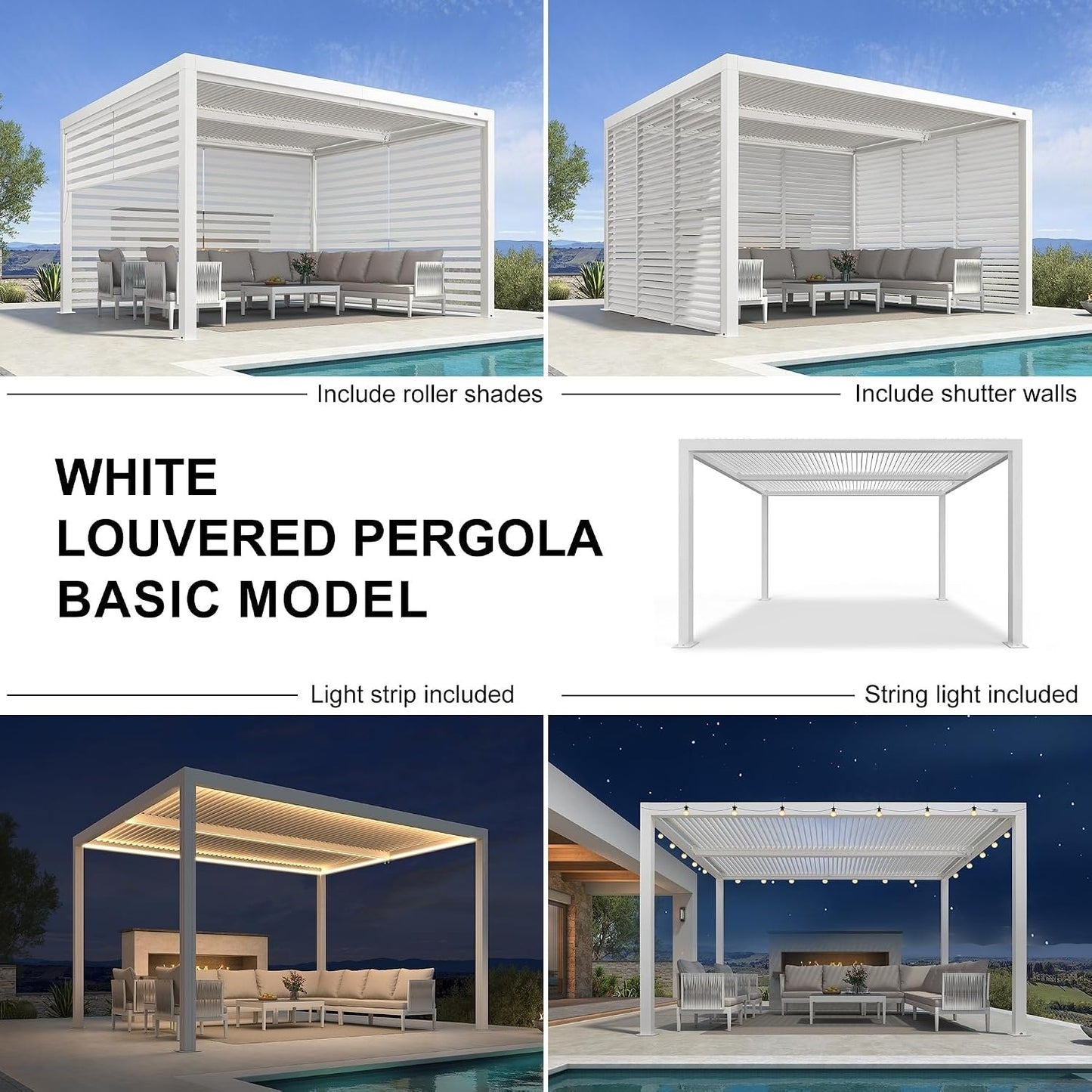 Louvered Pergola Modern White Pergola with Adjustable Roof for Deck Backyard Garden