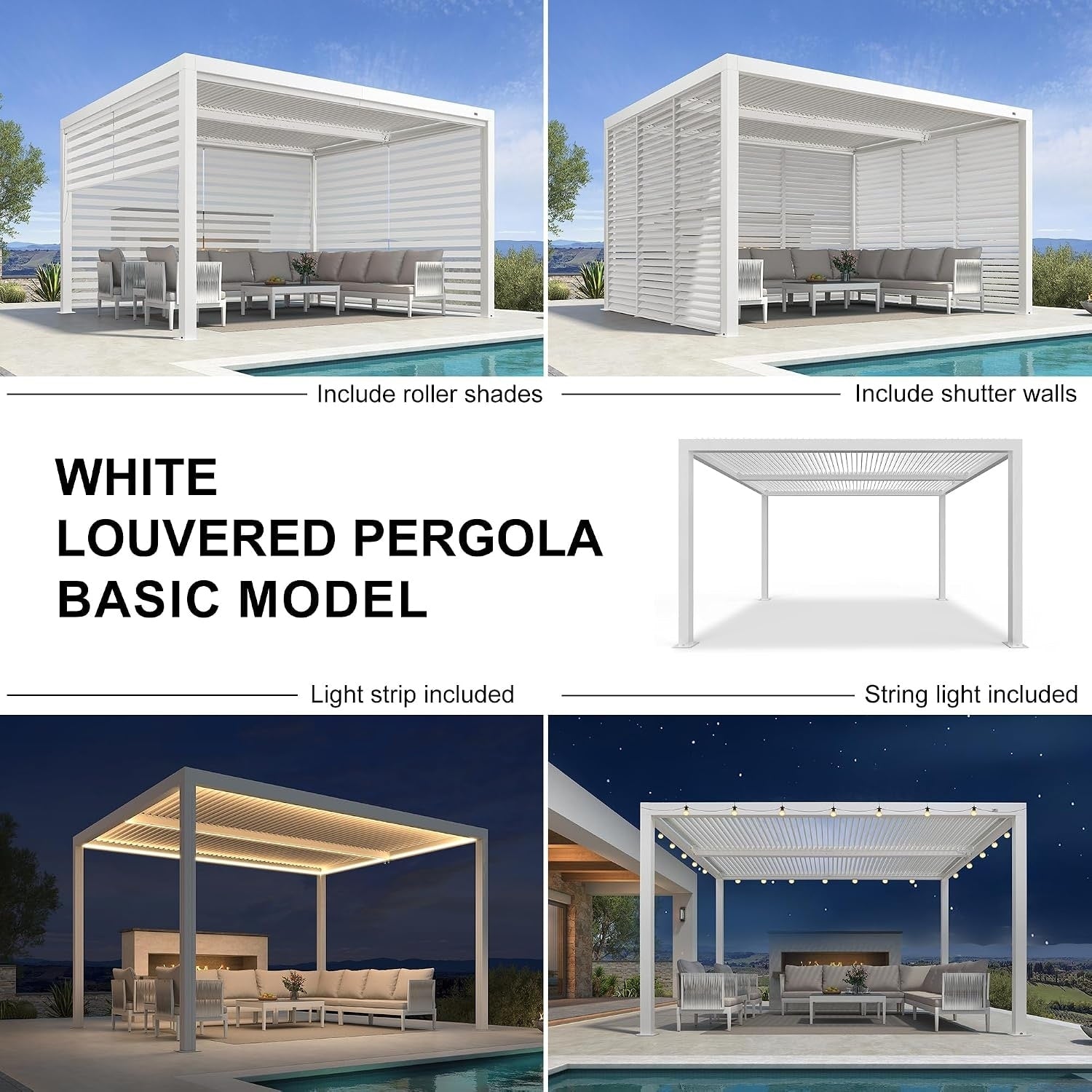 Louvered Pergola Modern White Pergola with Adjustable Roof for Deck Backyard Garden