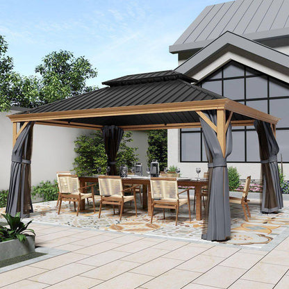 12 Ft. X 16 Ft. Double Roof Hardtop Wood Grain Aluminum Patio Gazebo with Netting and Gray Curtains