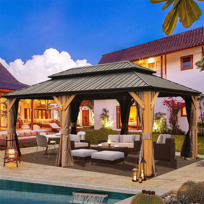 12X20 Ft Cedar Wood Gazebo Canopy with Roof, Curtains, and Netting