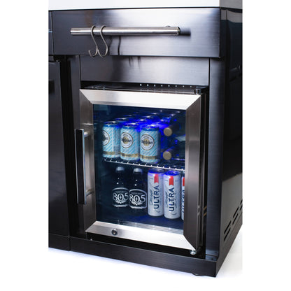 Premium 70" Black Stainless Steel Outdoor Kitchen Island with Refrigerator + 32"W 4-Burner BBQ Grill with Rear Burner