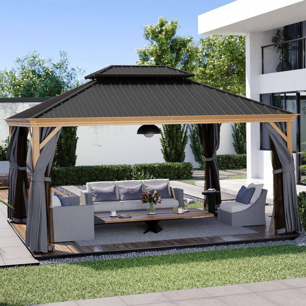 12 Ft. X 16 Ft. Double Roof Hardtop Wood Grain Aluminum Patio Gazebo with Netting and Gray Curtains