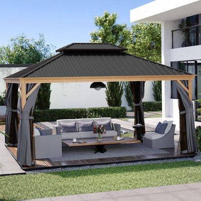 12 Ft. X 16 Ft. Double Roof Hardtop Wood Grain Aluminum Patio Gazebo with Netting and Gray Curtains