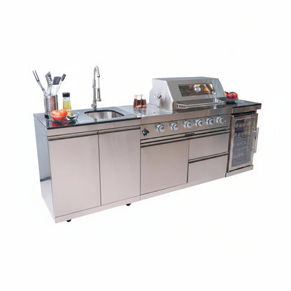 BBQ Island Outdoor Kitchen Kits, 4-Burner 72000 BTU Stainless Steel Modular 98 Inch Natural Gas Outdoor Kitchen Bar Barbecue Island Grill with Refrigerator and Sink for Patio Backyard
