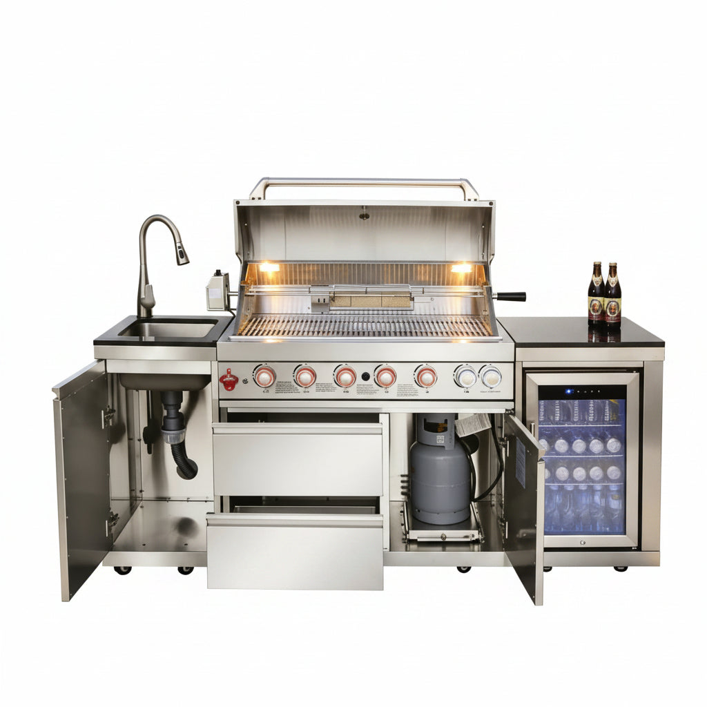 82-Inch 6-Burner Gas Grill 85,000 BTU Outdoor Kitchen Barbecue | Stainless Steel Grill Island with Sink, Storage Cabinets, and Wine Refrigerator,Backyard, Patio, Lawn, Silver
