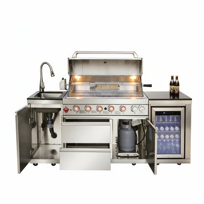 82-Inch 6-Burner Gas Grill 85,000 BTU Outdoor Kitchen Barbecue | Stainless Steel Grill Island with Sink, Storage Cabinets, and Wine Refrigerator,Backyard, Patio, Lawn, Silver