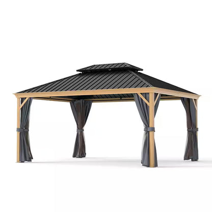 12 Ft. X 16 Ft. Double Roof Hardtop Wood Grain Aluminum Patio Gazebo with Netting and Gray Curtains