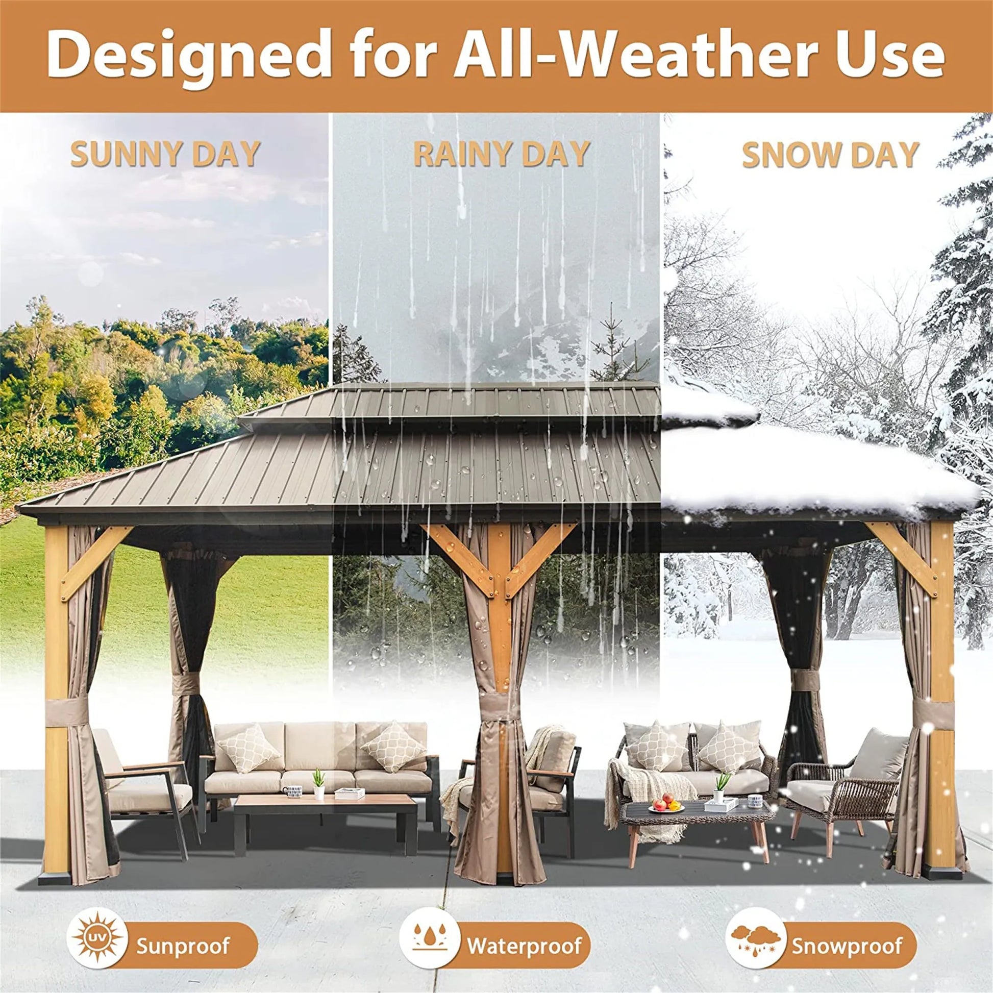 12X20 Ft Cedar Wood Gazebo Canopy with Roof, Curtains, and Netting