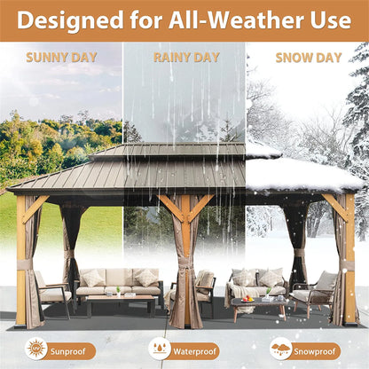 12X20 Ft Cedar Wood Gazebo Canopy with Roof, Curtains, and Netting