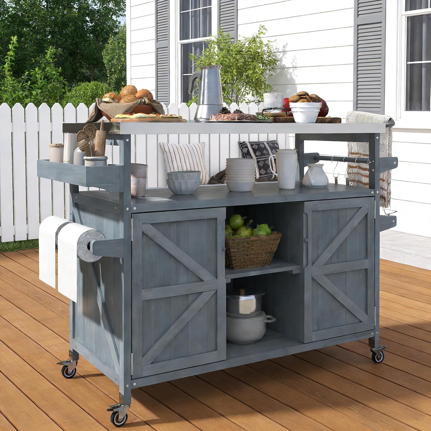 Outdoor Kitchen Island with Stainless Steel Top, Rolling Bar Cart & Storage Cabinet, Outdoor Grill Cart with Spice & Towel Rack, Rolling Island Table for Kitchen & BBQ, Grey Blue