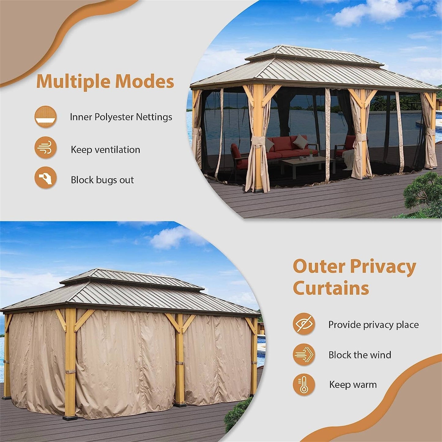 12X20 Ft Cedar Wood Gazebo Canopy with Roof, Curtains, and Netting