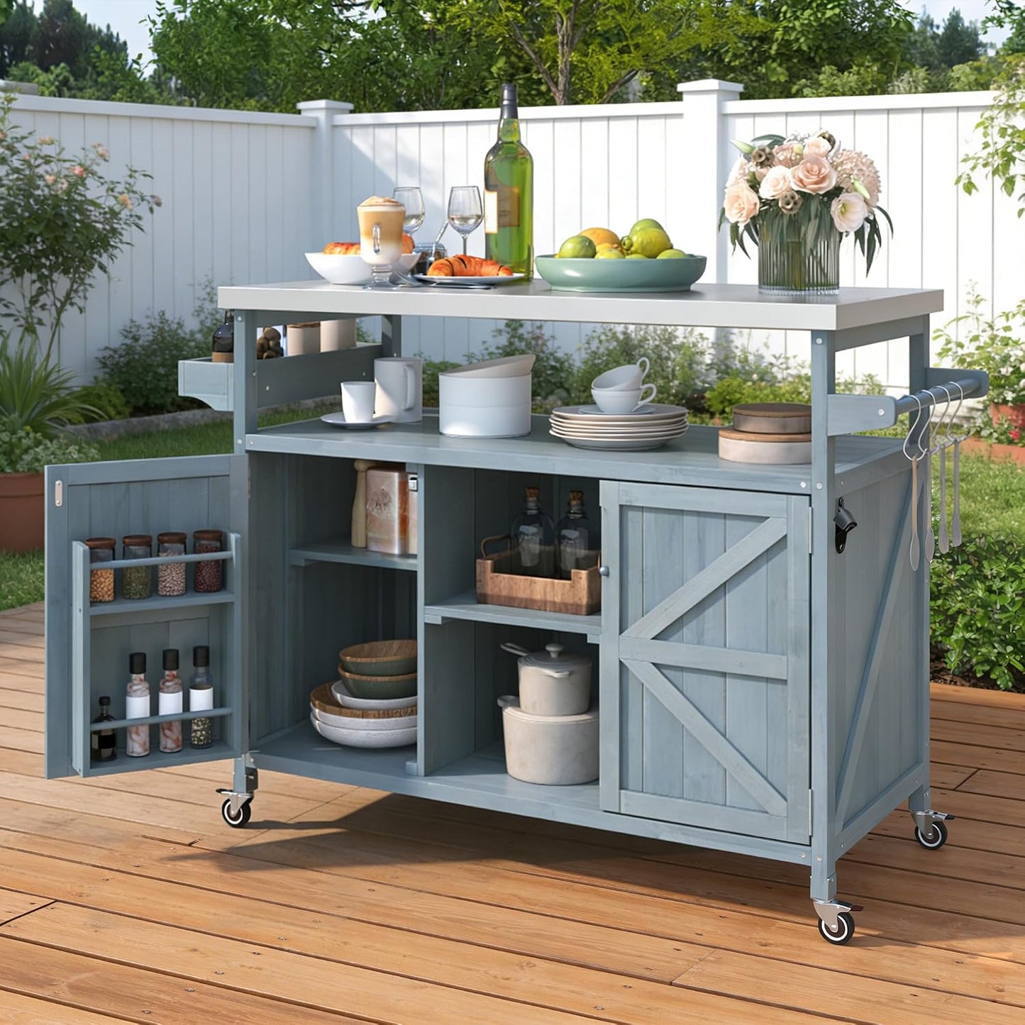 Outdoor Kitchen Island with Stainless Steel Top, Rolling Bar Cart & Storage Cabinet, Outdoor Grill Cart with Spice & Towel Rack, Rolling Island Table for Kitchen & BBQ, Grey Blue