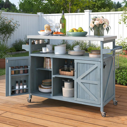 Outdoor Kitchen Island with Stainless Steel Top, Rolling Bar Cart & Storage Cabinet, Outdoor Grill Cart with Spice & Towel Rack, Rolling Island Table for Kitchen & BBQ, Grey Blue