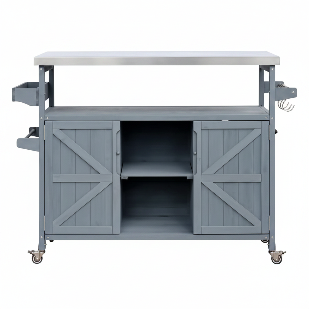 Outdoor Kitchen Island with Stainless Steel Top, Rolling Bar Cart & Storage Cabinet, Outdoor Grill Cart with Spice & Towel Rack, Rolling Island Table for Kitchen & BBQ, Grey Blue