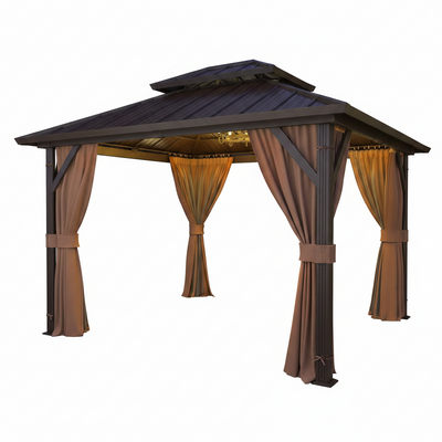 10' X 12' Hardtop Gazebo, Aluminum Frame Gazebos with Galvanized Steel Double Roof, Permanent Outdoor Metal Pavilion with Curtain and Netting for Patio, Lawn, Deck