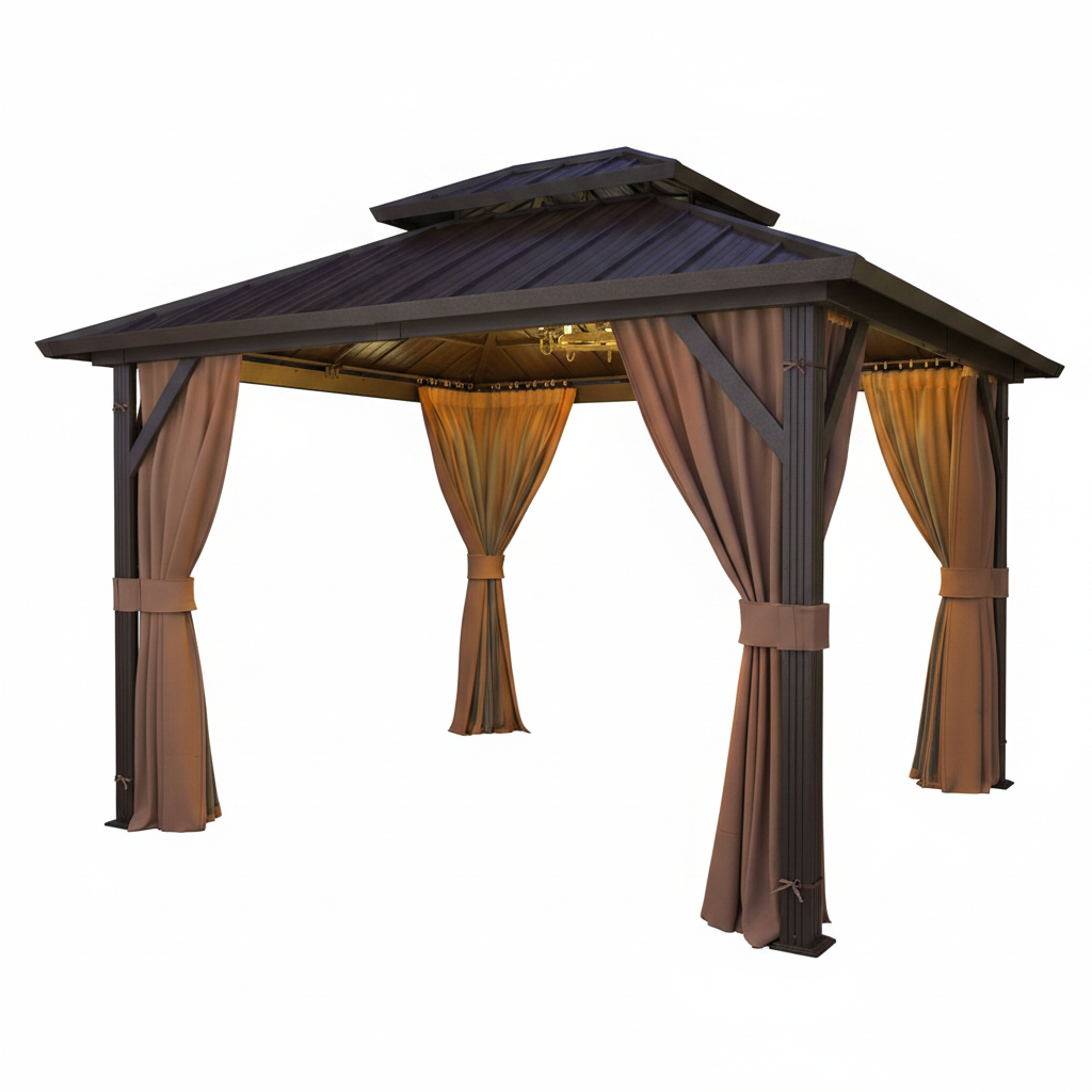 10' X 12' Hardtop Gazebo, Aluminum Frame Gazebos with Galvanized Steel Double Roof, Permanent Outdoor Metal Pavilion with Curtain and Netting for Patio, Lawn, Deck