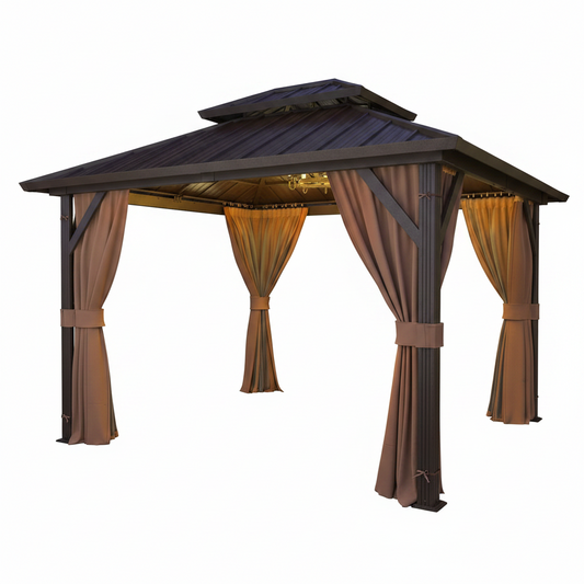 10' X 12' Hardtop Gazebo, Aluminum Frame Gazebos with Galvanized Steel Double Roof, Permanent Outdoor Metal Pavilion with Curtain and Netting for Patio, Lawn, Deck